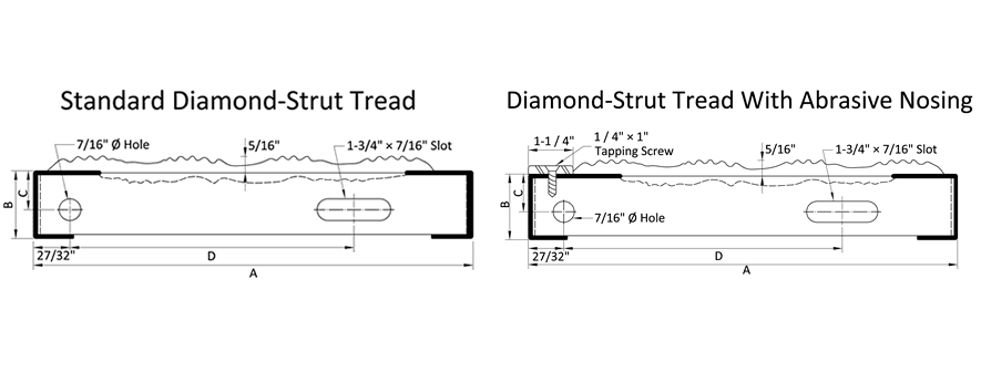 Diamond-Strut stair tread carrier plate with nosing and without nosing.